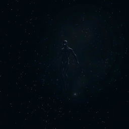 A human figure or a cyborg floating in deep space with a dark black background, surrounded by small twinkling lights or particles that create a sense of solitude and vastness