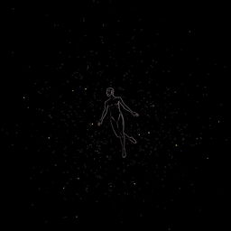 A human figure or a cyborg floating in deep space with a dark black background, surrounded by small twinkling lights or particles that create a sense of solitude and vastness