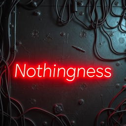 A background featuring cold metal textures, wires, and intricate circuits, with the title "Nothingness" displayed in bright neon letters