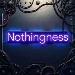 A background featuring cold metal textures, wires, and intricate circuits, with the title "Nothingness" displayed in bright neon letters