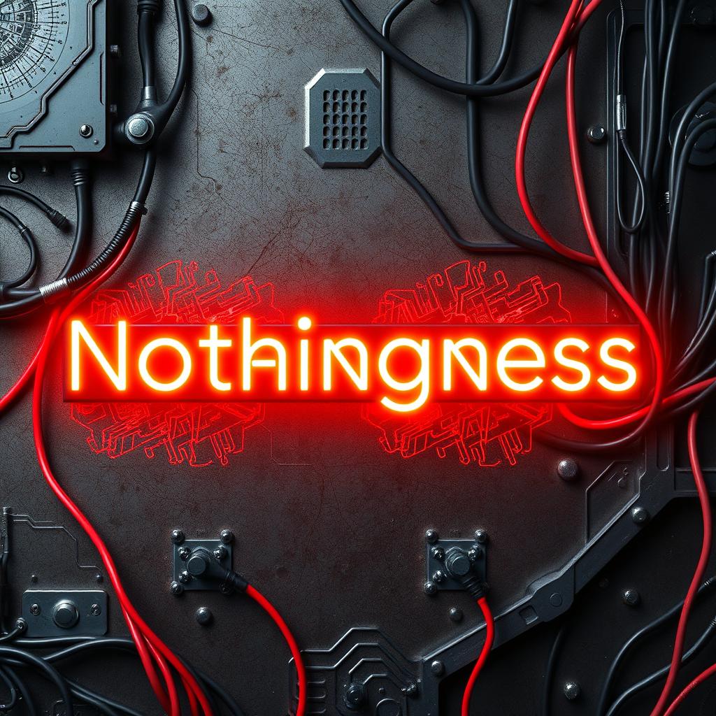 A background featuring cold metal textures, wires, and intricate circuits, with the title "Nothingness" displayed in bright neon letters