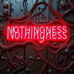 A background featuring cold metal textures, wires, and intricate circuits, with the title "Nothingness" displayed in bright neon letters