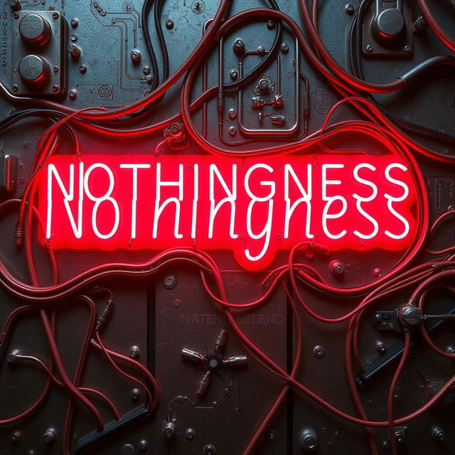 A background featuring cold metal textures, wires, and intricate circuits, with the title "Nothingness" displayed in bright neon letters