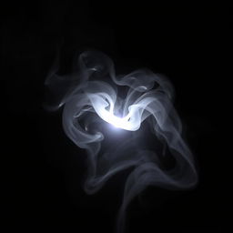 A dark cloud of smoke swirling in dynamic patterns, with a bright light at its center that appears to create an abstract shape