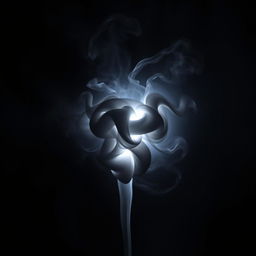 A dark cloud of smoke swirling in dynamic patterns, with a bright light at its center that appears to create an abstract shape