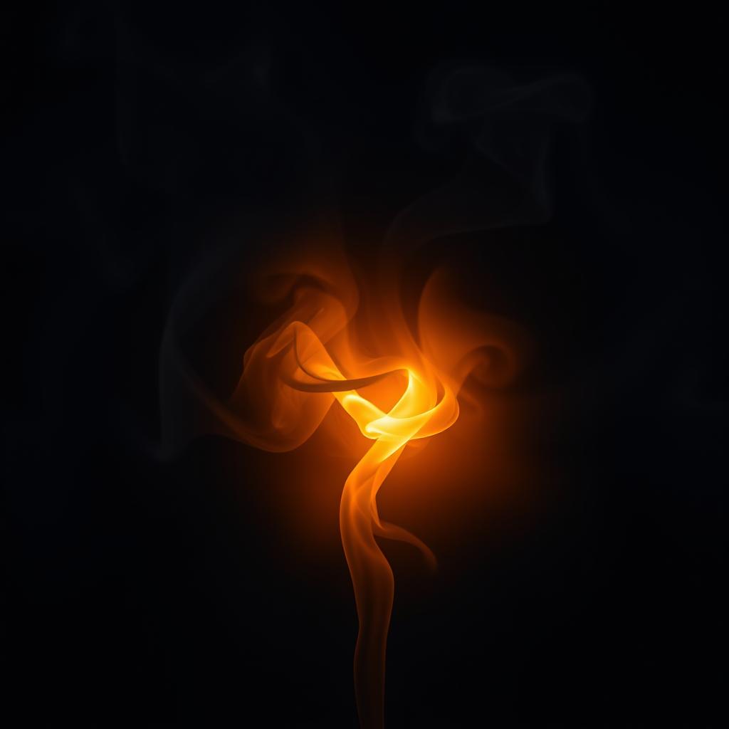 A dark cloud of smoke swirling in dynamic patterns, with a bright light at its center that appears to create an abstract shape