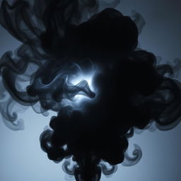 A dark cloud of smoke swirling in dynamic patterns, with a bright light at its center that appears to create an abstract shape