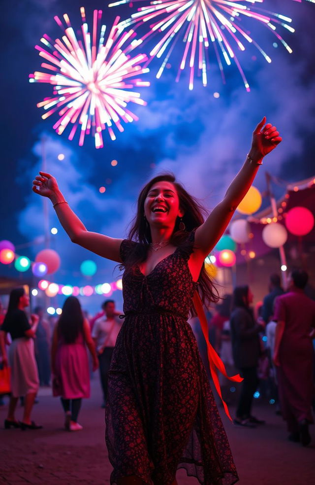 A vibrant and festive atmosphere featuring a woman joyfully dancing in the midst of a mysterious celebration in a small town