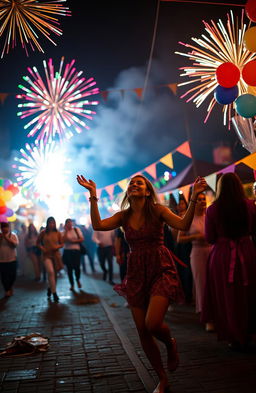 A vibrant and festive atmosphere featuring a woman joyfully dancing in the midst of a mysterious celebration in a small town