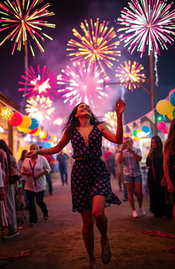 A vibrant and festive atmosphere featuring a woman joyfully dancing in the midst of a mysterious celebration in a small town