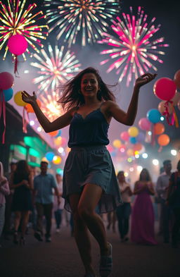 A vibrant and festive atmosphere featuring a woman joyfully dancing in the midst of a mysterious celebration in a small town