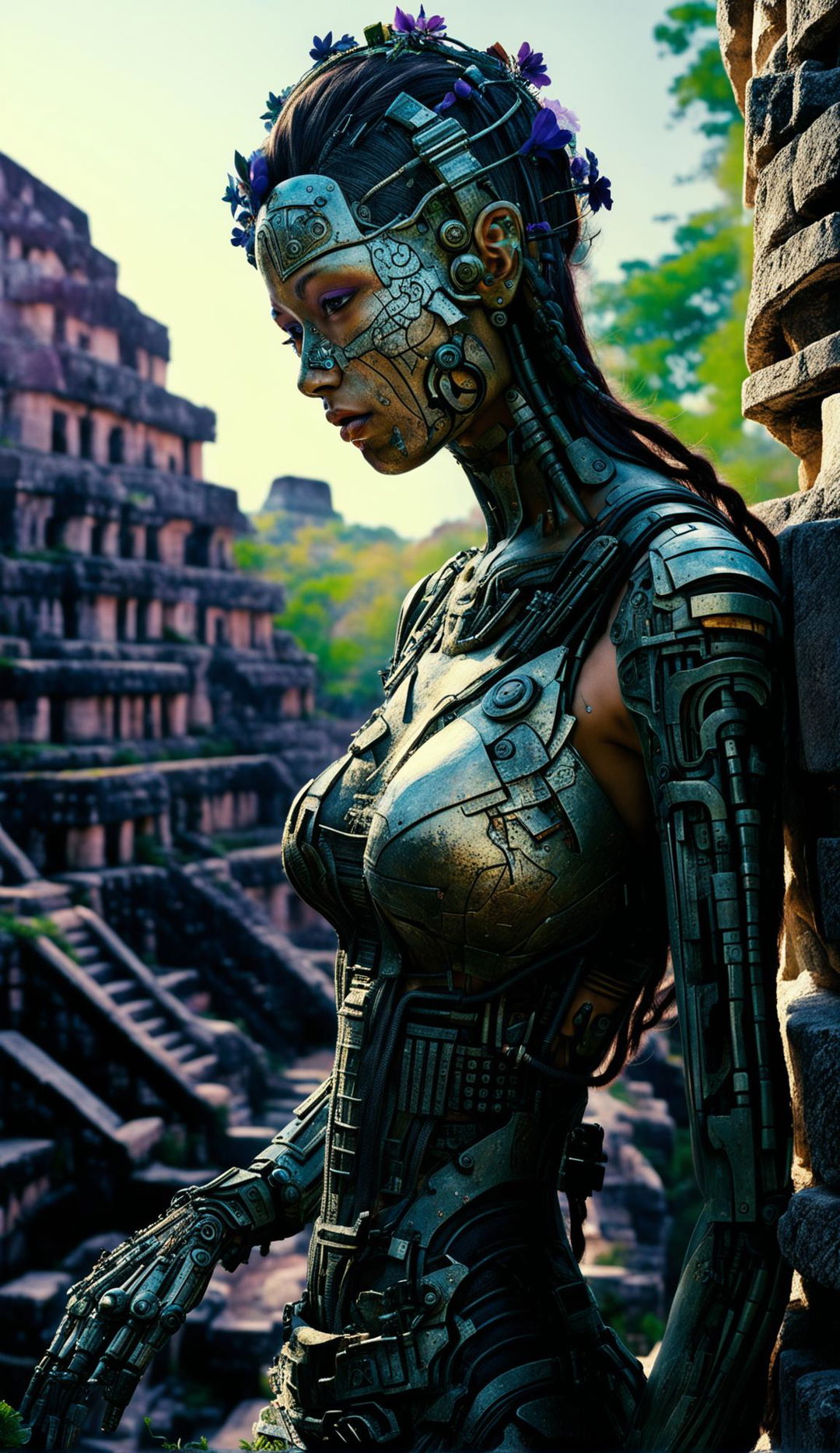 HD raw photograph of a techno-organic woman with symmetrical face and long warm-toned purple hair made of glass, plants, and robotics exploring an ancient Mayan city at sunrise.