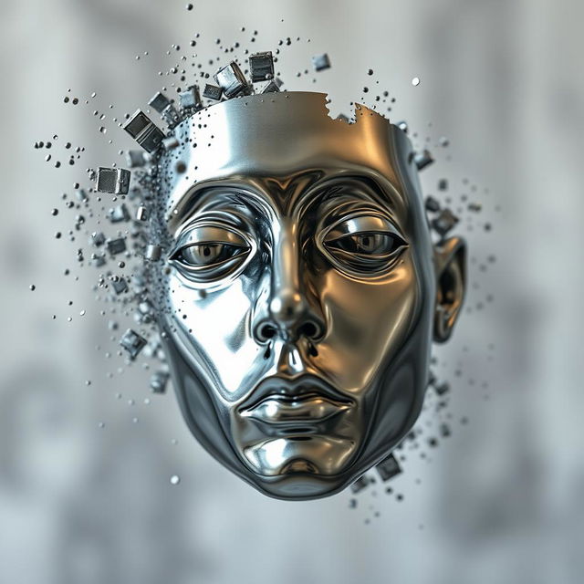 A metallic face that appears to disintegrate into small particles or dust, symbolizing a dissolution into "nothingness"