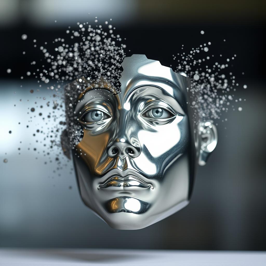 A metallic face that appears to disintegrate into small particles or dust, symbolizing a dissolution into "nothingness"