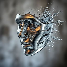 A metallic face that appears to disintegrate into small particles or dust, symbolizing a dissolution into "nothingness"