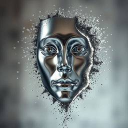 A metallic face that appears to disintegrate into small particles or dust, symbolizing a dissolution into "nothingness"