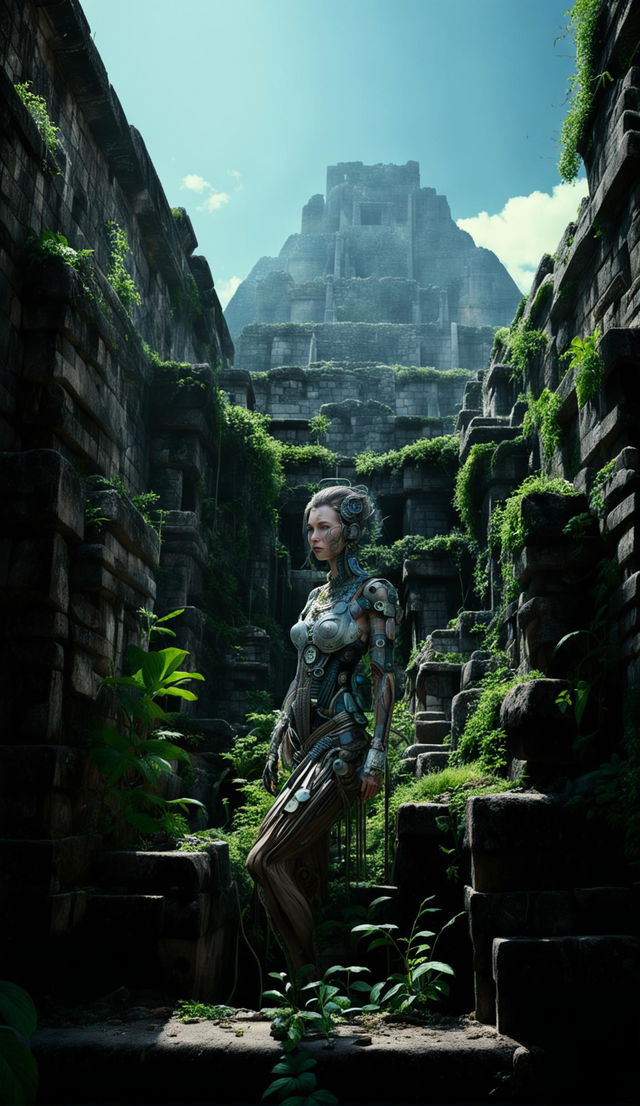 HD raw photograph of a techno-organic woman made of glass, plants, and robotics exploring an ancient Mayan city.