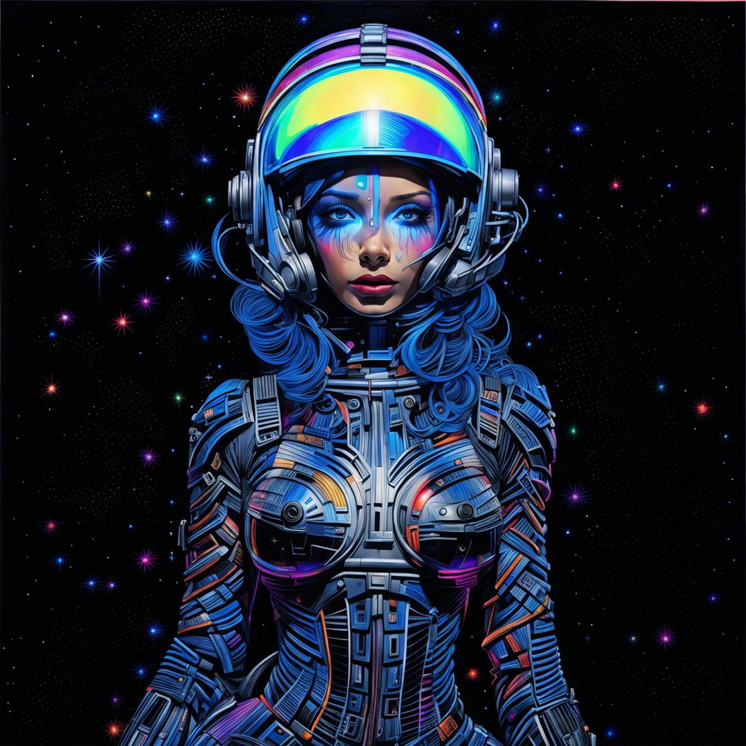 Hyper-realistic ballpoint pen drawing of a cyberpunk space woman floating in deep space, surrounded by vibrant nebulas and galaxies. Her suit is adorned with pulsating LED lights that cast an array of colors against the cosmic backdrop.