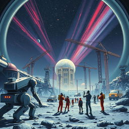 A retro-futuristic sci-fi illustration featuring a dynamic scene of robots and humans working collaboratively to construct an expansive lunar city under a protective dome