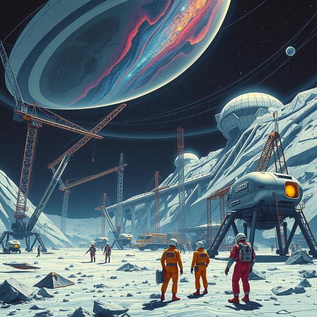 A retro-futuristic sci-fi illustration featuring a dynamic scene of robots and humans working collaboratively to construct an expansive lunar city under a protective dome