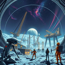 A retro-futuristic sci-fi illustration featuring a dynamic scene of robots and humans working collaboratively to construct an expansive lunar city under a protective dome