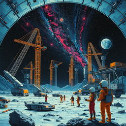 A retro-futuristic sci-fi illustration featuring a dynamic scene of robots and humans working collaboratively to construct an expansive lunar city under a protective dome