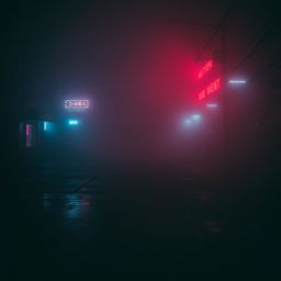 An empty, dark street with reflections of neon lights shimmering on the wet pavement