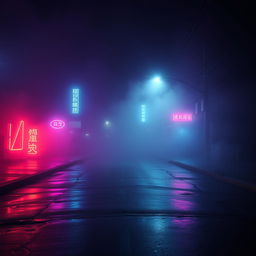 An empty, dark street with reflections of neon lights shimmering on the wet pavement