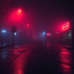 An empty, dark street with reflections of neon lights shimmering on the wet pavement