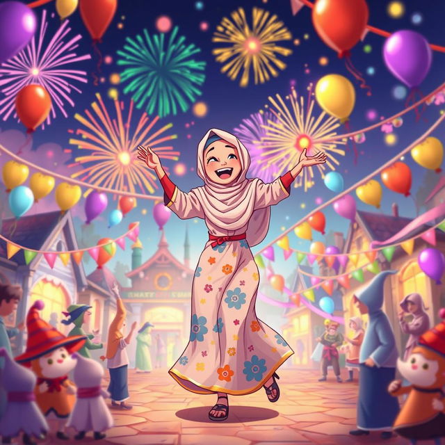 A vibrant and festive scene depicting an Islamic woman joyfully dancing in the center of a whimsical celebration in a small town