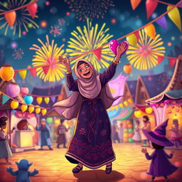 A vibrant and festive scene depicting an Islamic woman joyfully dancing in the center of a whimsical celebration in a small town