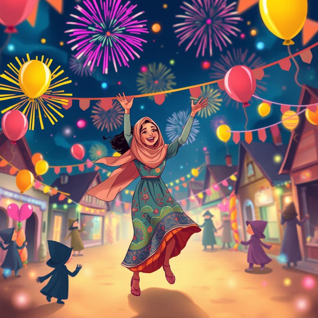 A vibrant and festive scene depicting an Islamic woman joyfully dancing in the center of a whimsical celebration in a small town