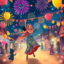 A vibrant and festive scene depicting an Islamic woman joyfully dancing in the center of a whimsical celebration in a small town