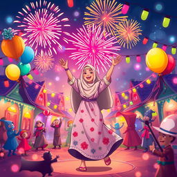 A vibrant and festive scene depicting an Islamic woman joyfully dancing in the center of a whimsical celebration in a small town