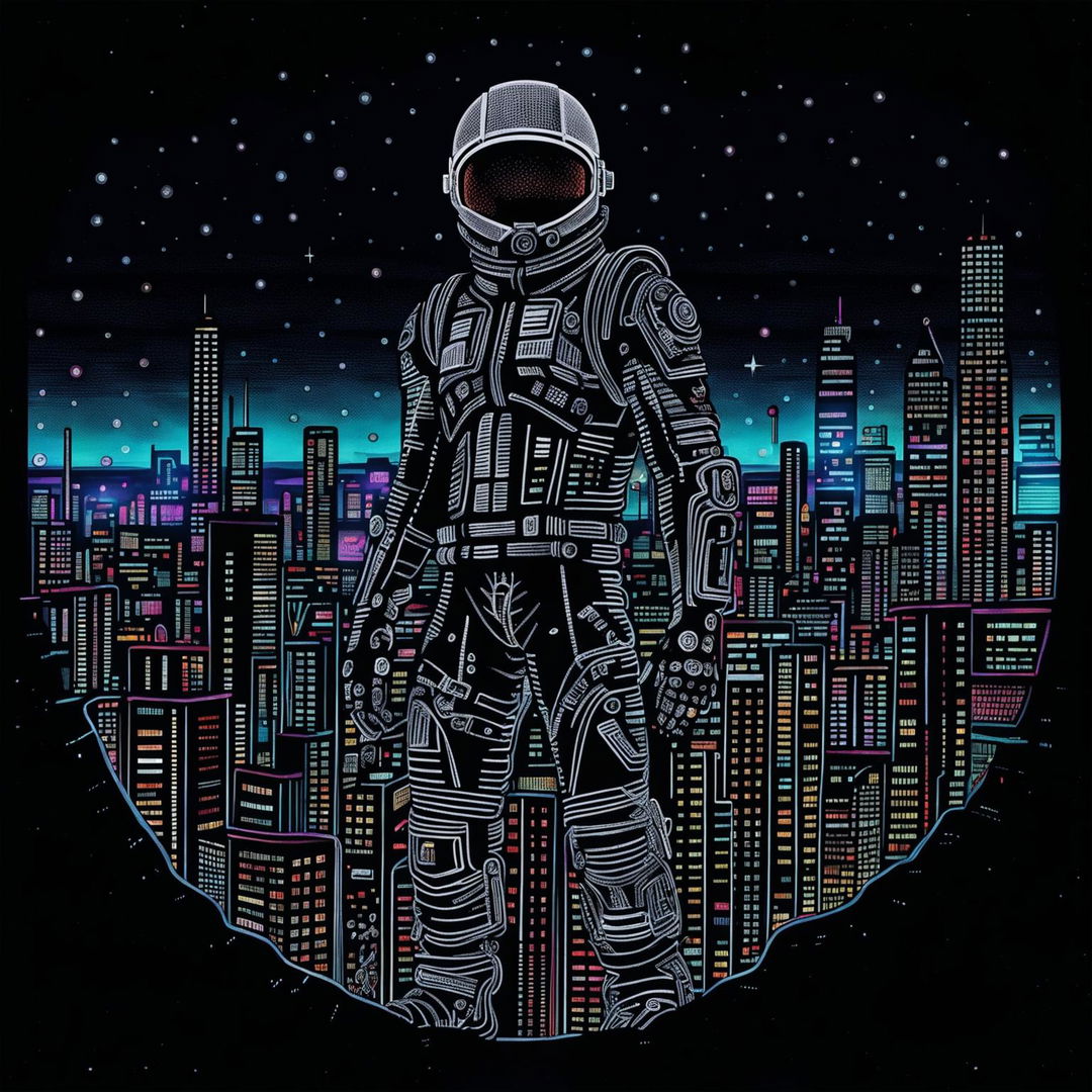 Ballpoint pen drawing of a cyberpunk space man standing on an alien planet, with neon lights from a distant cityscape reflecting off his metallic suit.