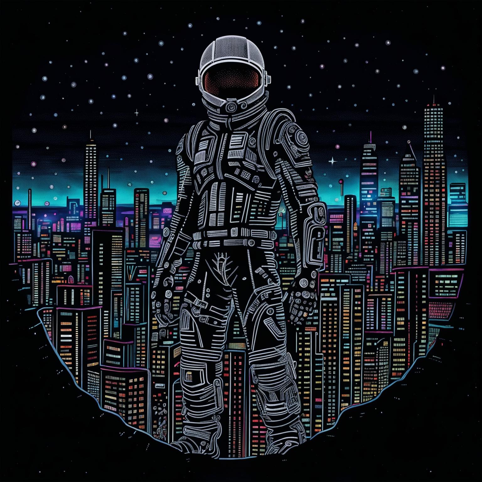 Ballpoint pen drawing of a cyberpunk space man standing on an alien planet, with neon lights from a distant cityscape reflecting off his metallic suit.