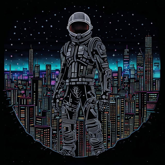 Ballpoint pen drawing of a cyberpunk space man standing on an alien planet, with neon lights from a distant cityscape reflecting off his metallic suit.