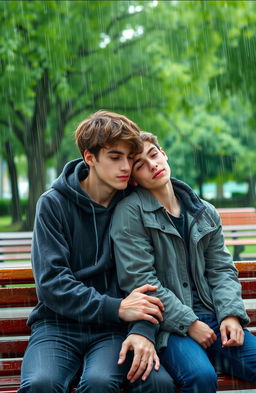 A romantic scene depicting two young men sitting closely on a bench under a shelter while it rains heavily around them