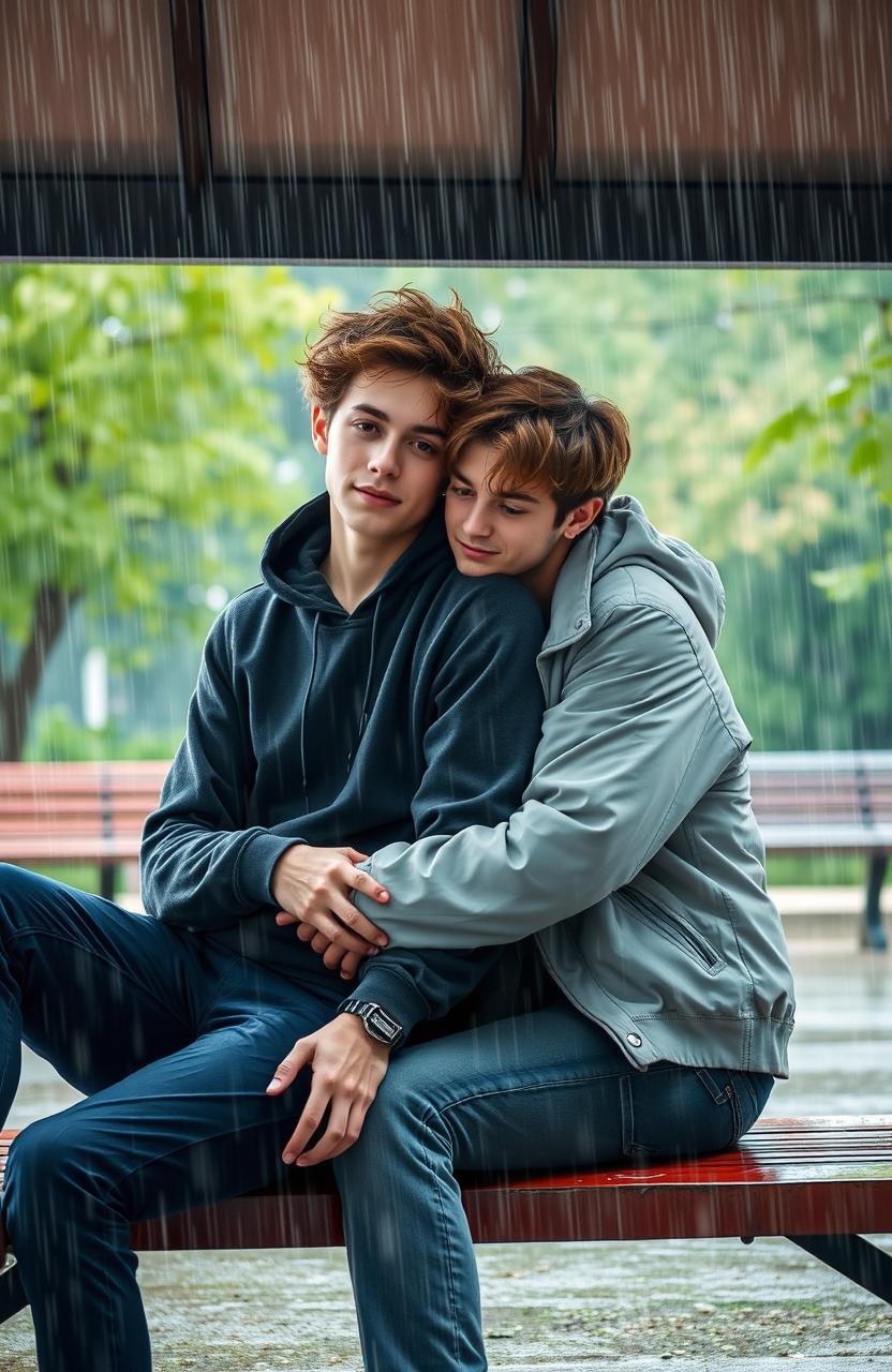 A romantic scene depicting two young men sitting closely on a bench under a shelter while it rains heavily around them