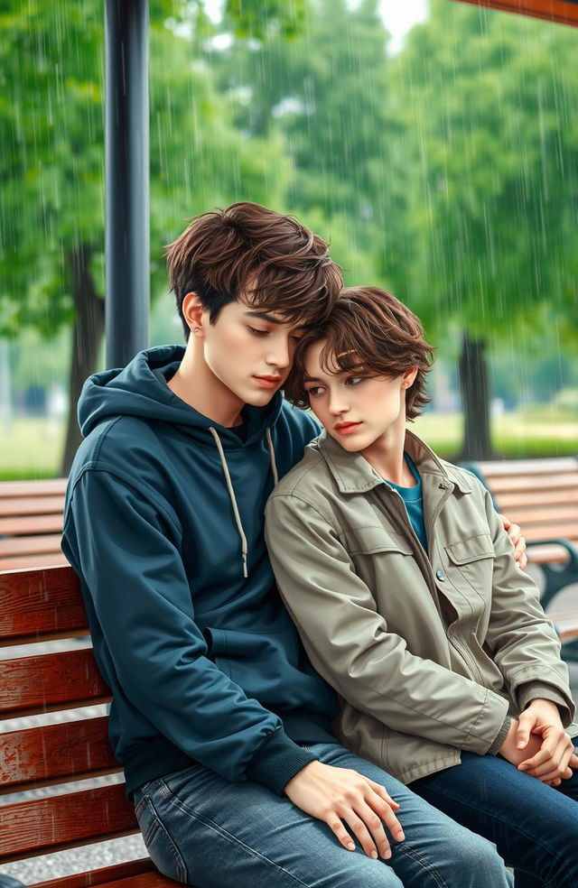 A romantic scene depicting two young men sitting closely on a bench under a shelter while it rains heavily around them