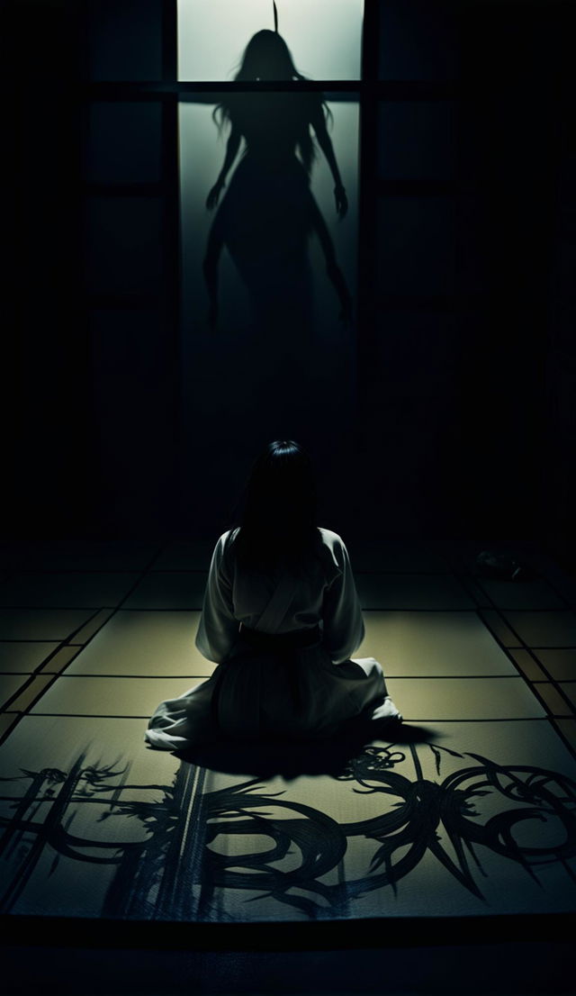 A dimly lit traditional Japanese room with a woman in white kimono sitting rigidly on tatami mats. Ghostly hands reach out to her from shadows while glowing red eyes watch from behind a shoji screen.