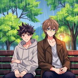 An anime-style romantic scene showing two young men sitting closely on a bench as rain starts pouring around them