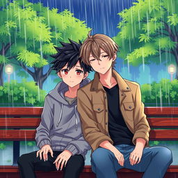 An anime-style romantic scene showing two young men sitting closely on a bench as rain starts pouring around them
