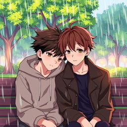 An anime-style romantic scene showing two young men sitting closely on a bench as rain starts pouring around them