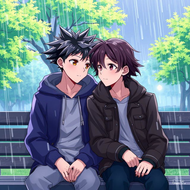 An anime-style romantic scene showing two young men sitting closely on a bench as rain starts pouring around them