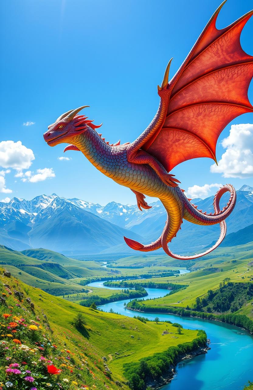 A majestic dragon soaring through a crystal-clear blue sky, its iridescent scales shimmering in the sunlight