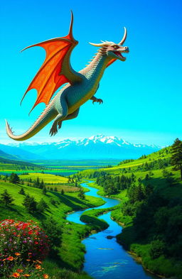 A majestic dragon soaring through a crystal-clear blue sky, its iridescent scales shimmering in the sunlight