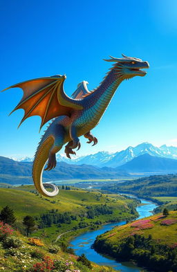 A majestic dragon soaring through a crystal-clear blue sky, its iridescent scales shimmering in the sunlight