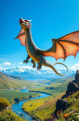 A majestic dragon soaring through a crystal-clear blue sky, its iridescent scales shimmering in the sunlight