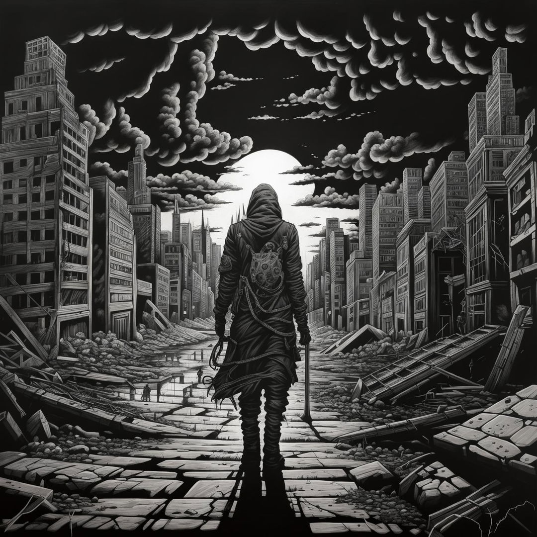 Hyper-realistic sharpie sketch of an apocalyptic cityscape with a lone figure standing amidst ruins.